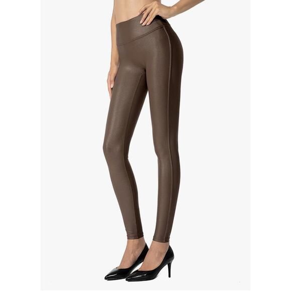 SANTINY Women's S Brown Faux Leather Leggings Pants Stretch High Waisted New! - Picture 1 of 4